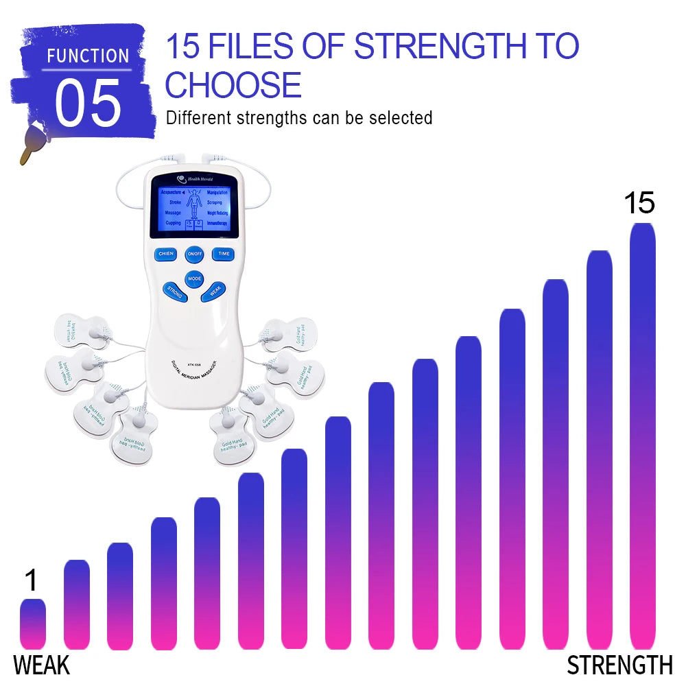 White handheld TENS EMS pulse massager with 8 modes and 15 adjustable intensity levels for digital pain therapy.