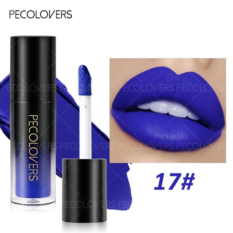Long-lasting, non-drying matte blue liquid lipstick in a black tube with applicator and blue lip swatch.