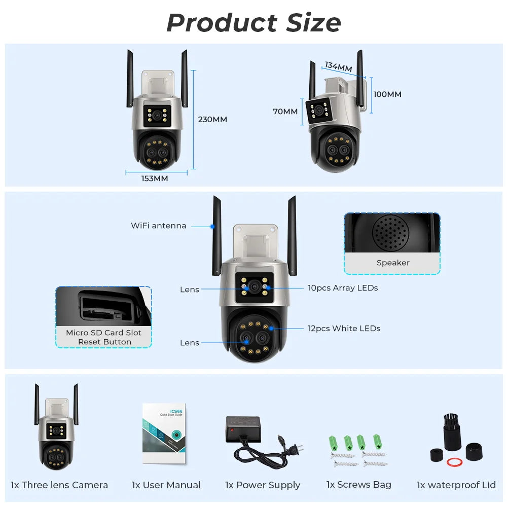 9MP 4.5K Three Lens WIfi  IP Camera Outdoor 8X Zoom Dual Screens AI Human Detect Auto Tracking  Home Security CCTV Surveillance