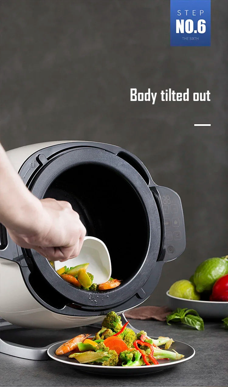 Automatic multi cooker body tilted out with plate of cooked food