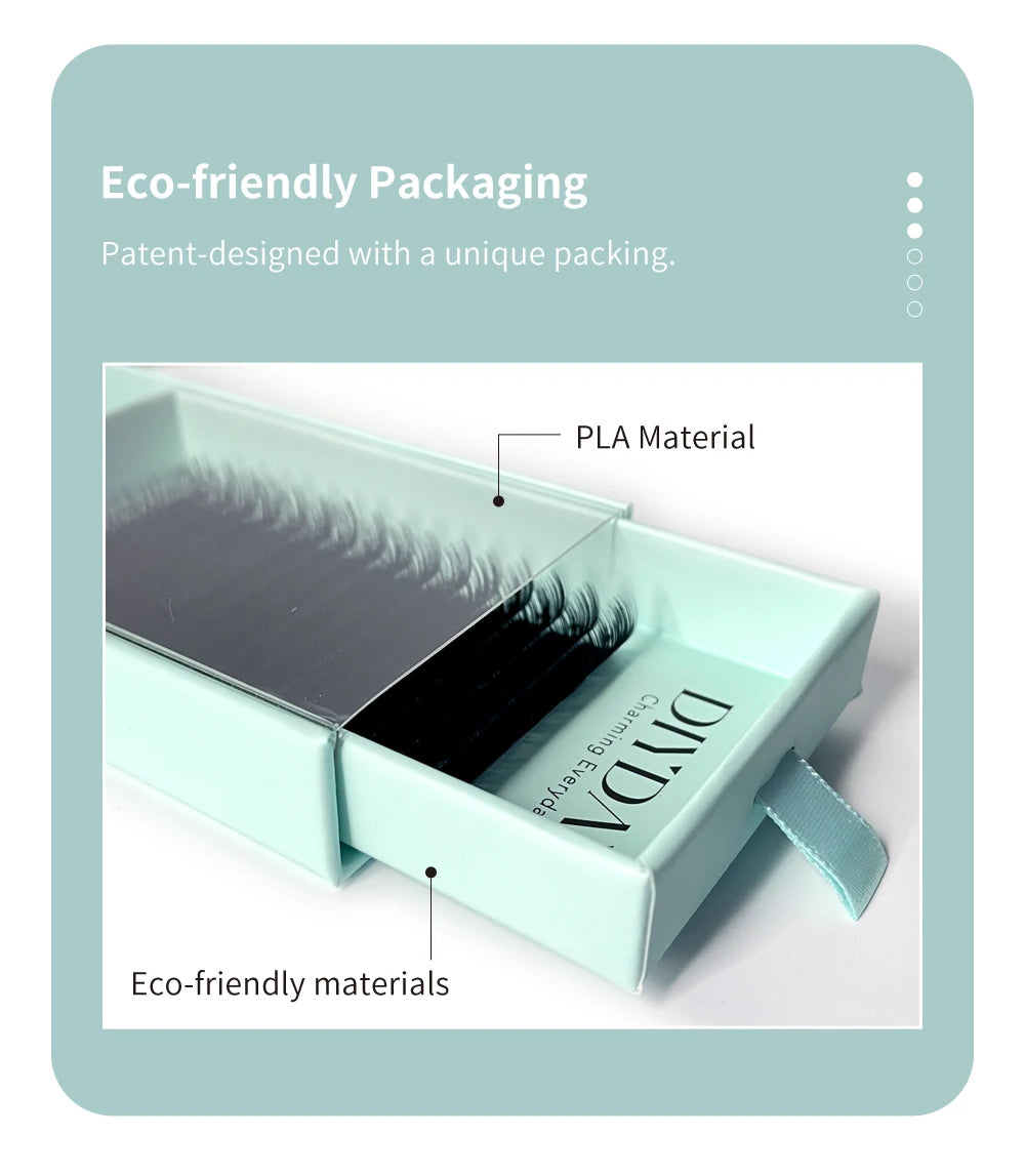 DIYDAY black mink eyelash extensions in a sliding, eco-friendly light green box made with PLA material.