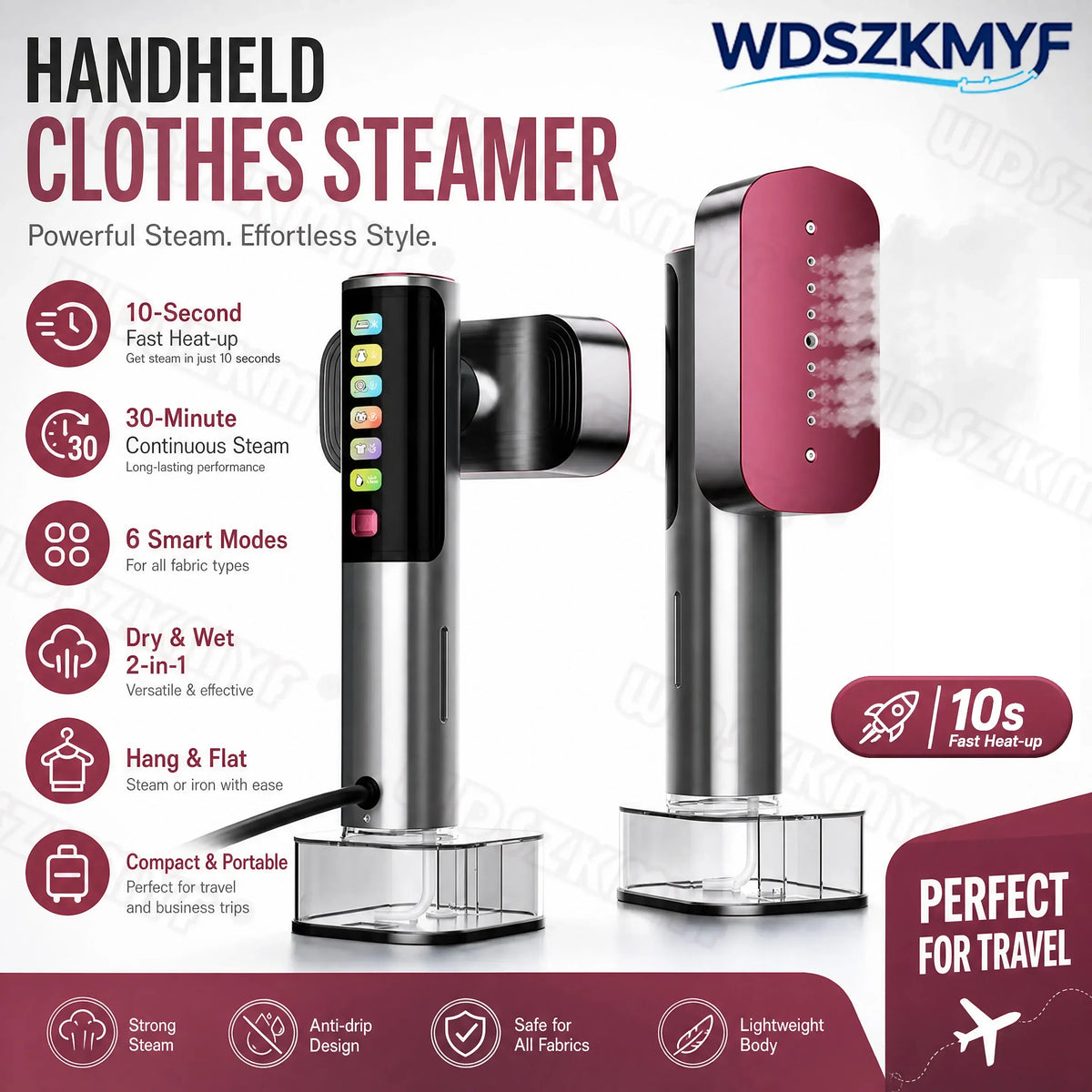Handheld clothes steamer in silver and red, featuring a 10-second heat-up, continuous steam, and 6 smart modes for travel.