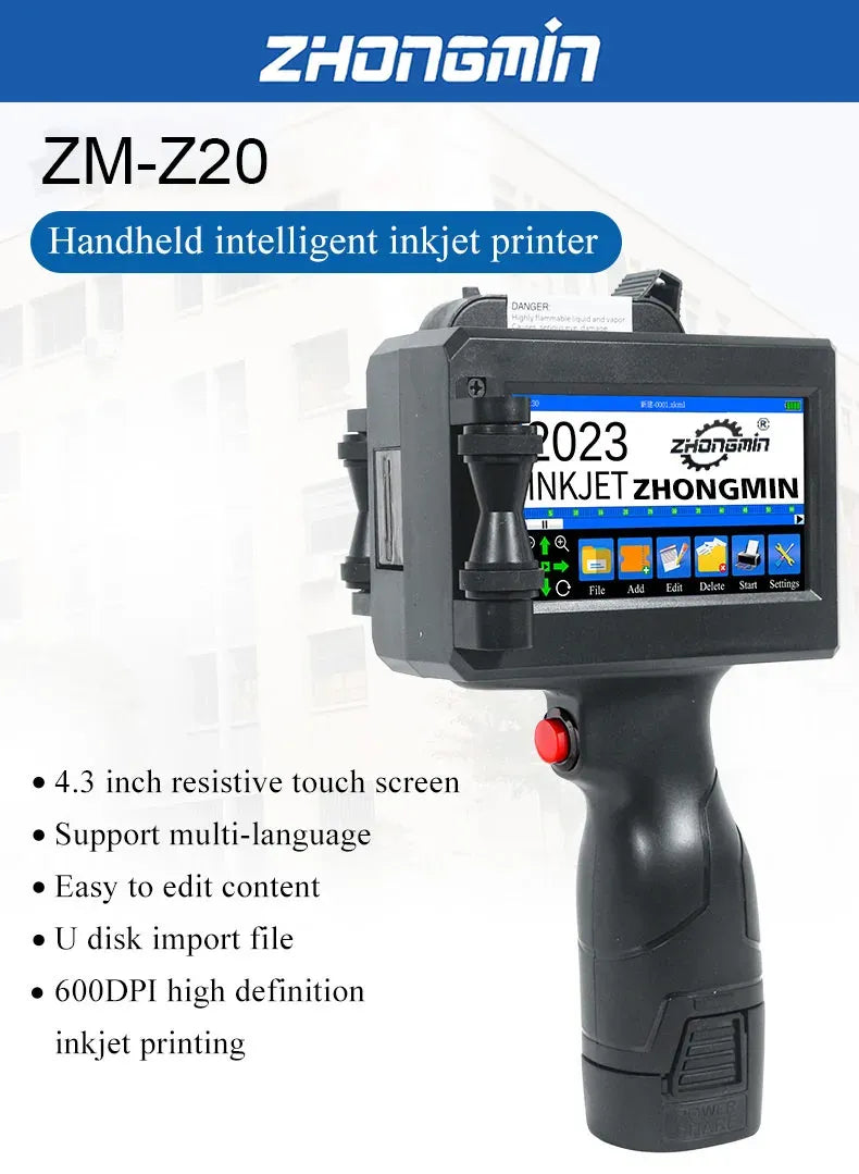 ZM-Z20 25.4mm Handheld Inkjet Printer for Text QR Barcode Batch Number Logo Date Label Coding Machine Portable Mini Printer