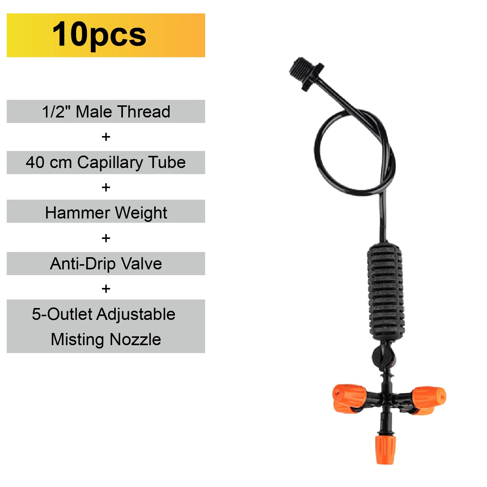 5-outlet adjustable misting nozzle set with anti-drip valve and orange outlet caps