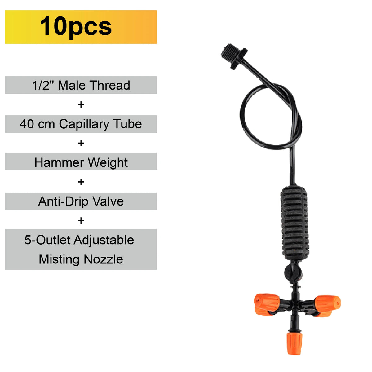 Inverted 5-outlet adjustable micro sprinkler with orange misting nozzle and tube