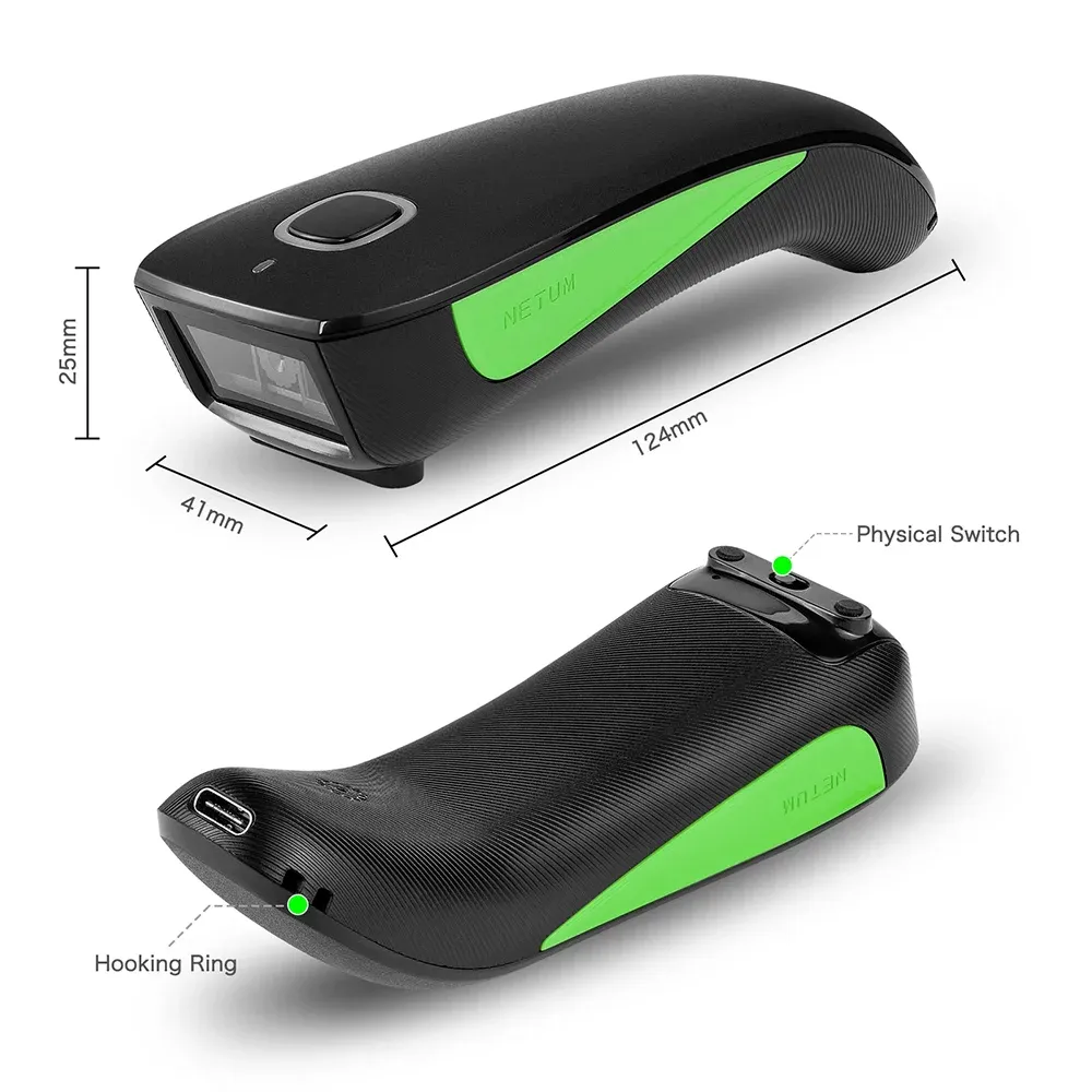 Handheld 2D barcode scanner with green accent, black body, and scanning window