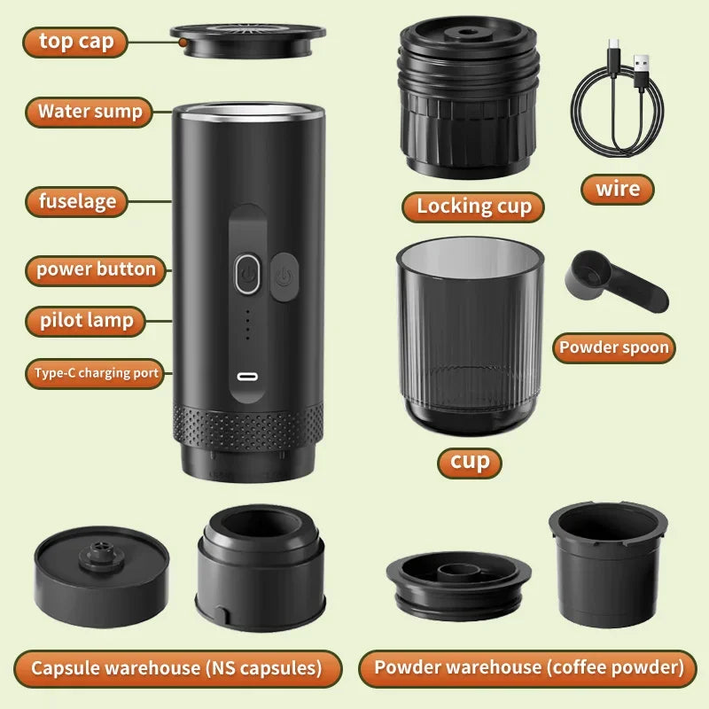 Black portable electric espresso maker with parts diagram, Type-C charging, capsules and grounds accessories.