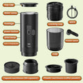 Black portable electric espresso maker with parts diagram, Type-C charging, capsules and grounds accessories.