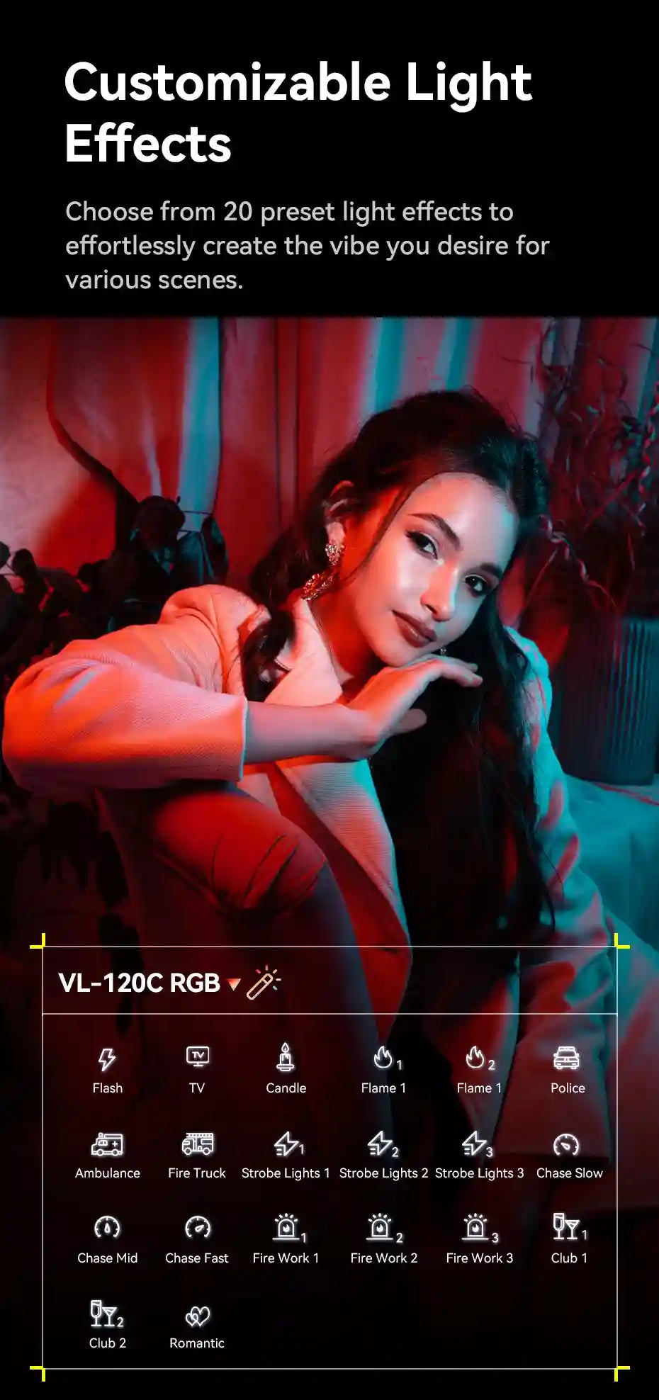 VL-120C RGB portable LED light displaying 20 customizable preset light effects for photography and video lighting.