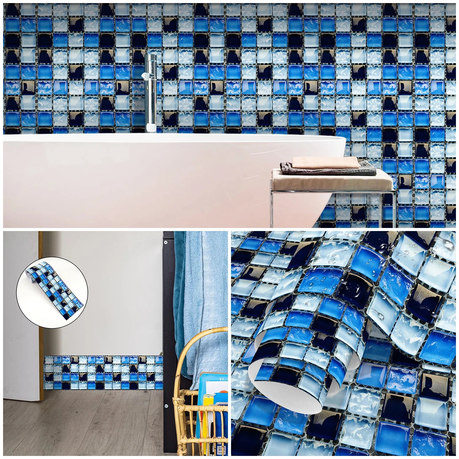 26 Styles 2D Mosaic Tiles Wall Sticker Waist Line Skirting Strip Peel & Stick Bathroom Kitchen Backsplash Home Decor Wall Decals