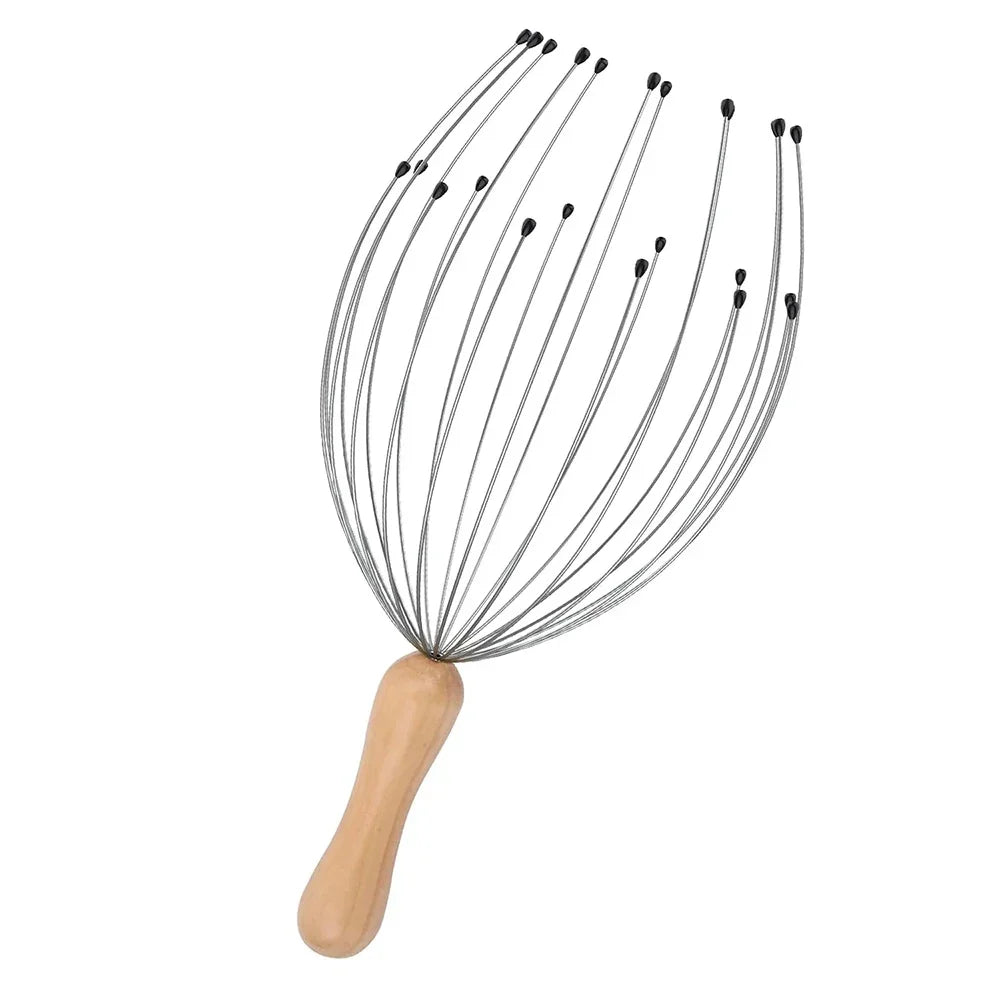 24-finger octopus scalp massager with metal wires, black bead tips, and a light wood handle for relaxing head massage.