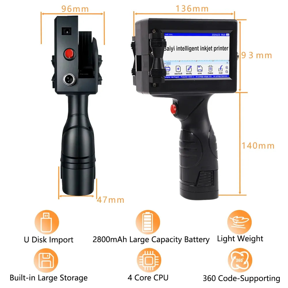 Handheld inkjet printer dimensions view with LCD screen and battery and CPU icons