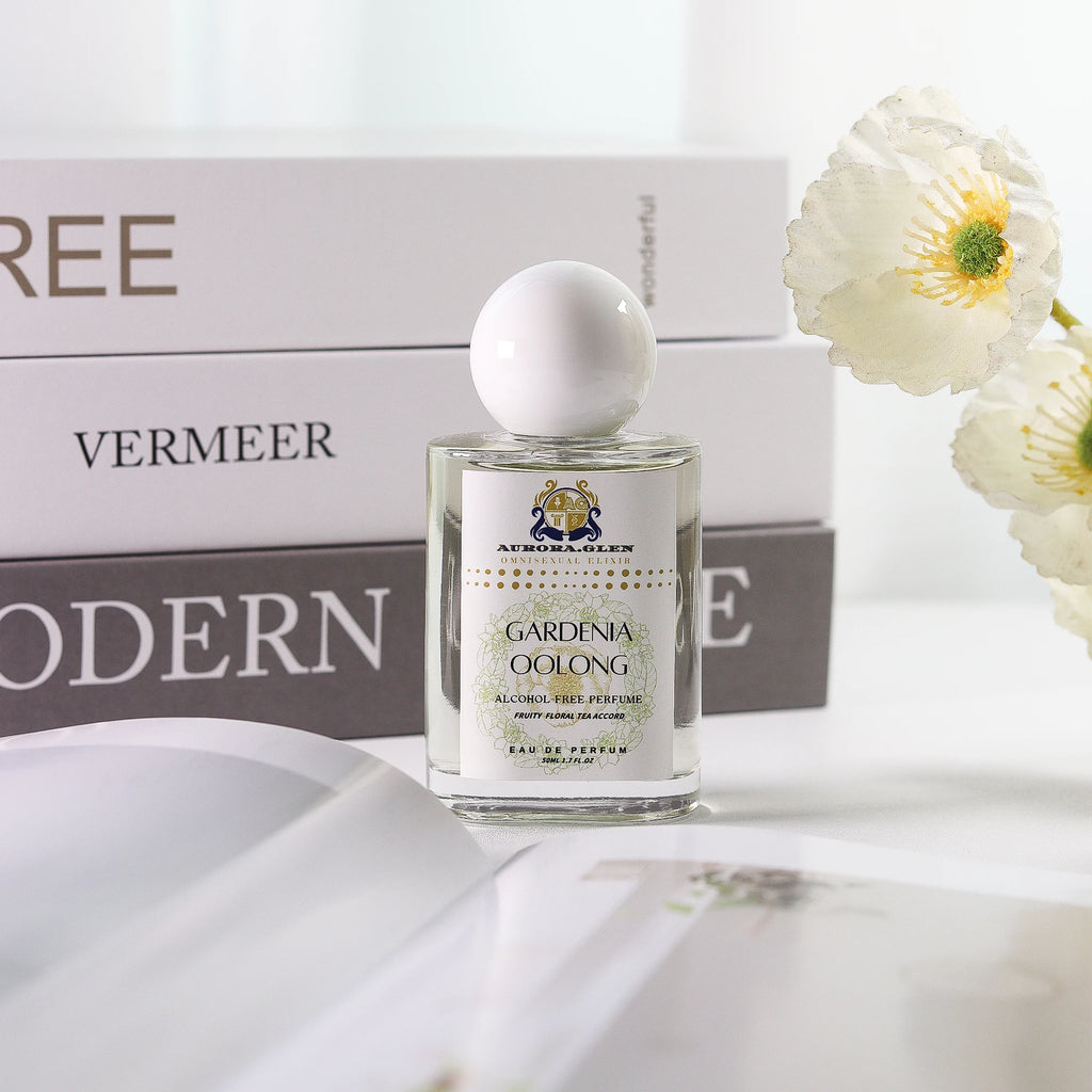 Gardenia Oolong perfume in a clear glass bottle with a white cap, featuring floral, tropical, and tea notes.