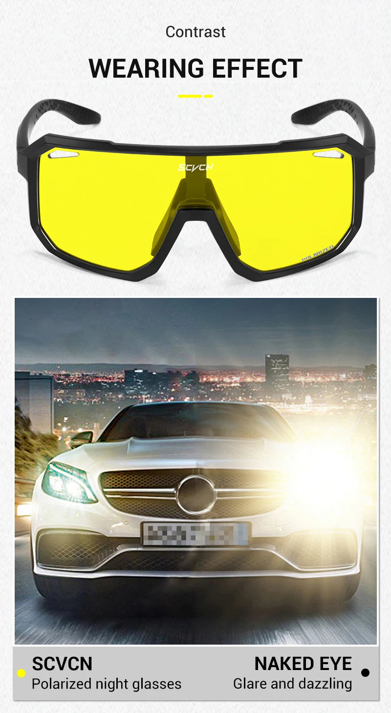 SCVCN New Yellow Polarized Night Cycling Sunglasses Bike MTB Motorcycle Glasses Outdoor Sports Fishing UV400 Glasses Men Women