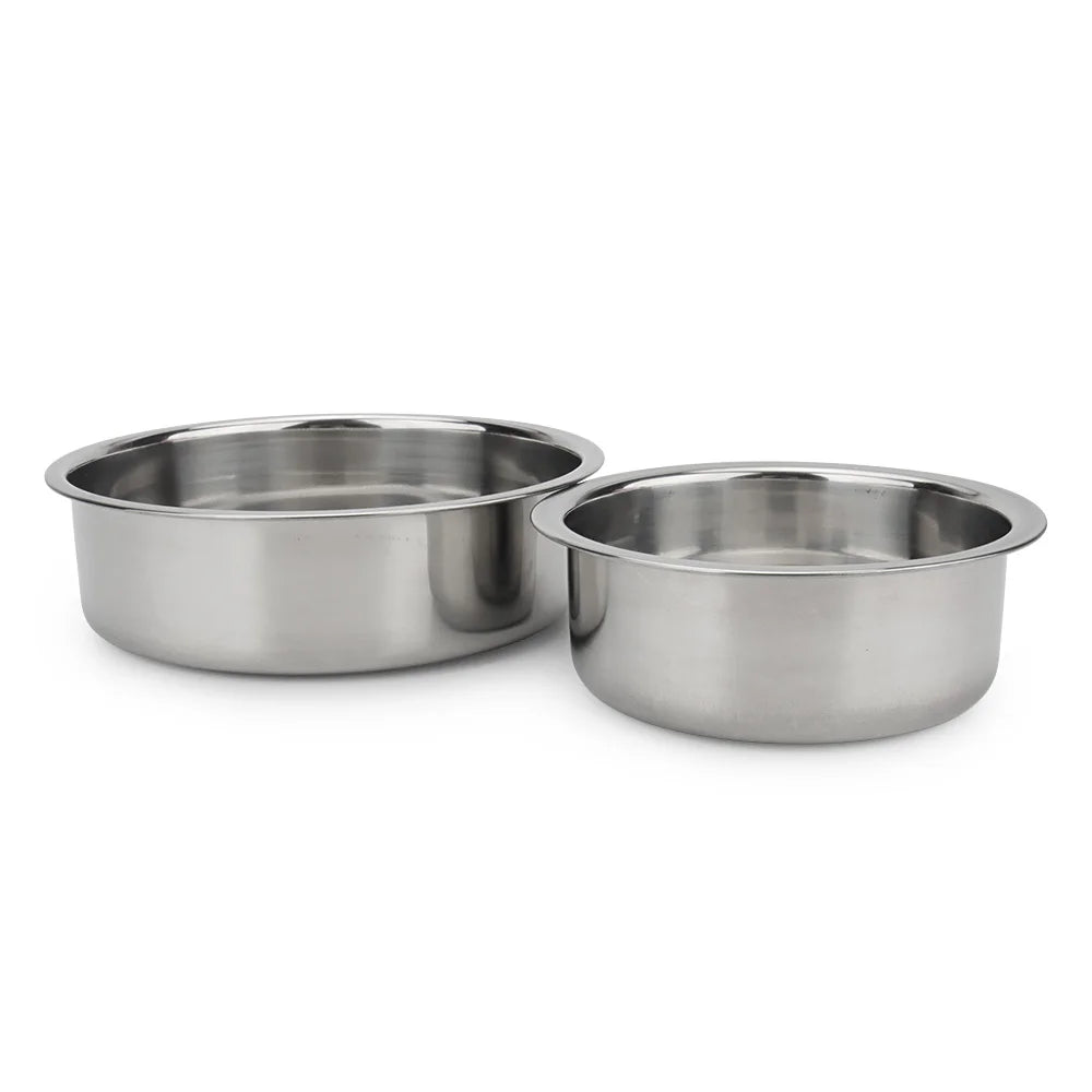 Two durable, round stainless steel dog and cat bowls for food or water, ideal for small to medium pets.