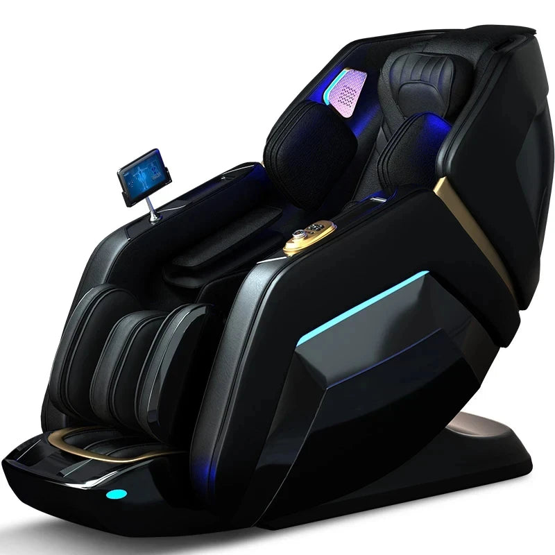 Black faux-leather massage chair with blue LED accents, integrated tablet control, and full-body reclining design.