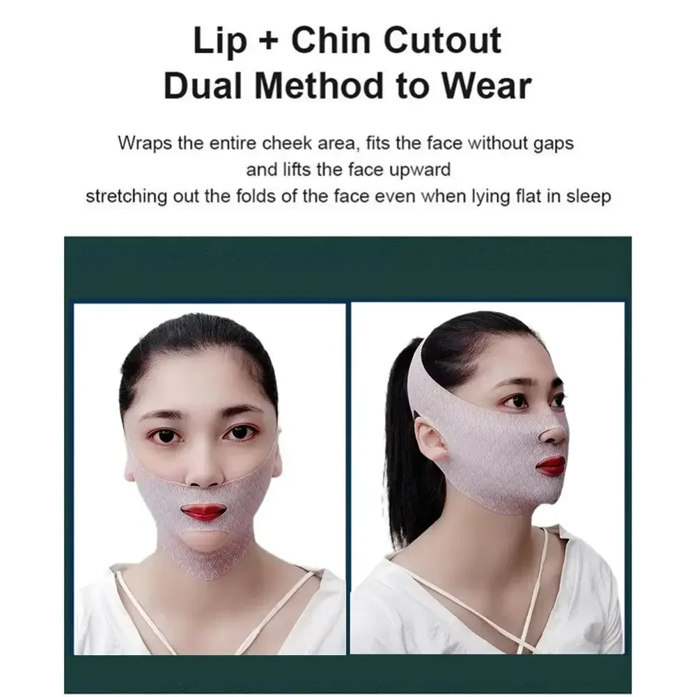 Woman wearing a beige, textured V-line lifting strap with cutouts for lips and chin in front and side views.