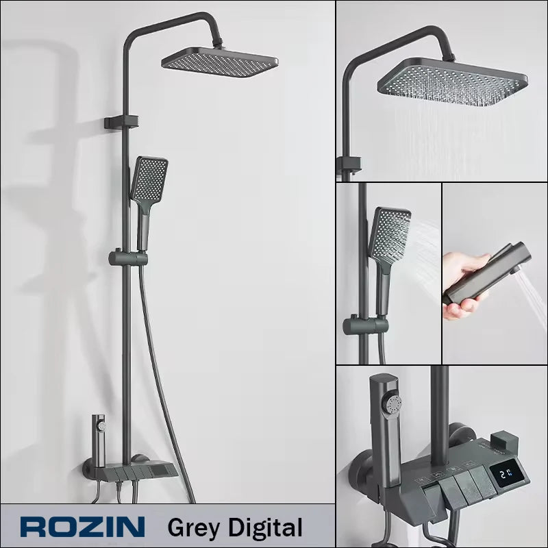 Rozin Black Digital Display Shower Faucet Set Piano Style Rainlfall Bathroom System Grey Digital Mixer Tap Bidet Shower