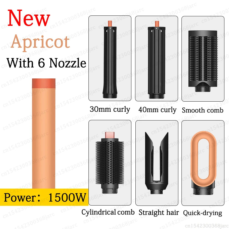 Apricot 1500W hair styler set with 6 interchangeable attachments for curling, straightening, and drying salon hair.
