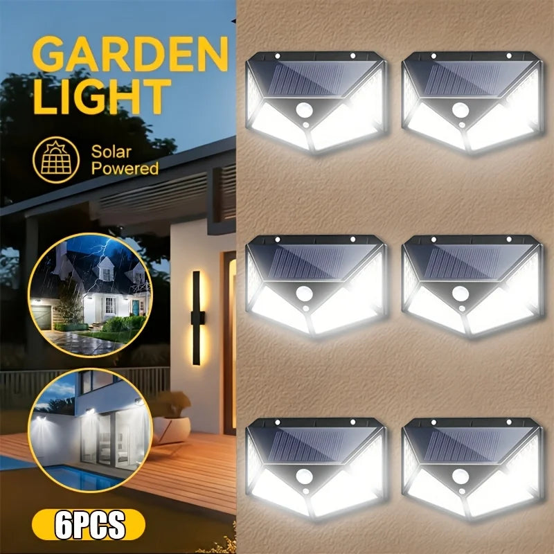 6/4 Pack 100 LED Solar Wall Lights, IP44, Solar Powered with 6-8 Hours Battery Life, Built-in Motion Sensor Auto On, 6500K Color Temperature, Ideal for Street, Courtyard, Mall And Parking Lot Lighting, Ideal Gift for Family
