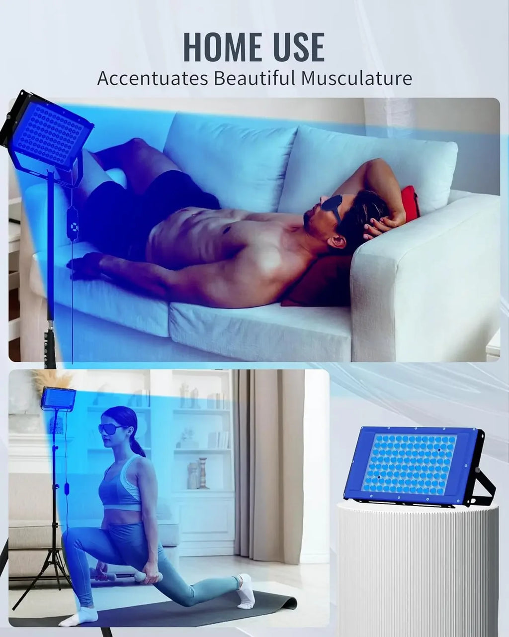 50W blue light tanning lamp with 96 LED beads and tripod stand for home body tanning and skin care.