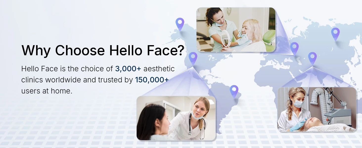 Hello Face aesthetic clinic treatment, showing practitioners and patients, overlaid on a world map with location pins.