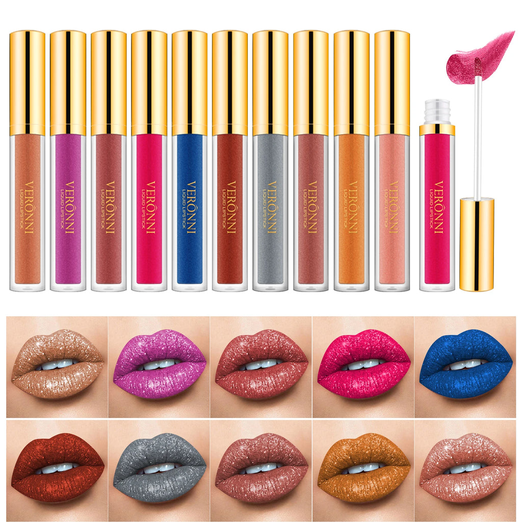 10-color diamond shimmer liquid lipstick set. Waterproof glitter lip gloss with pearl finish and applicator wand.