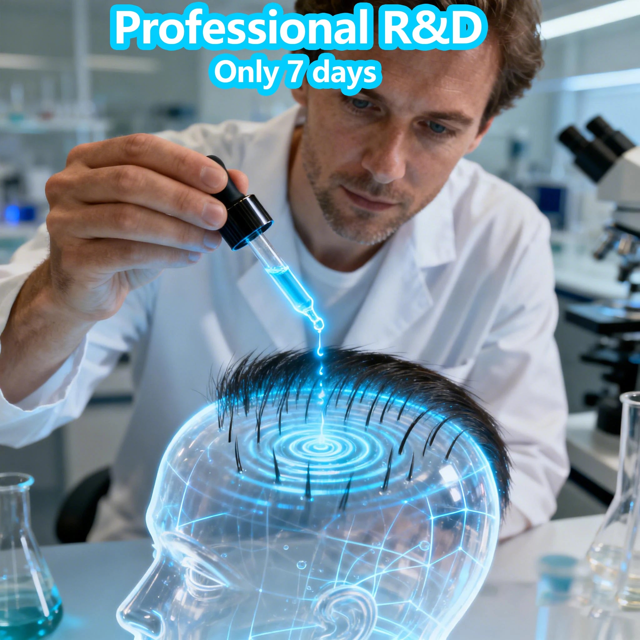 Scientist applying blue glowing essence from a dropper onto a digital 3D model of a human scalp in a laboratory.