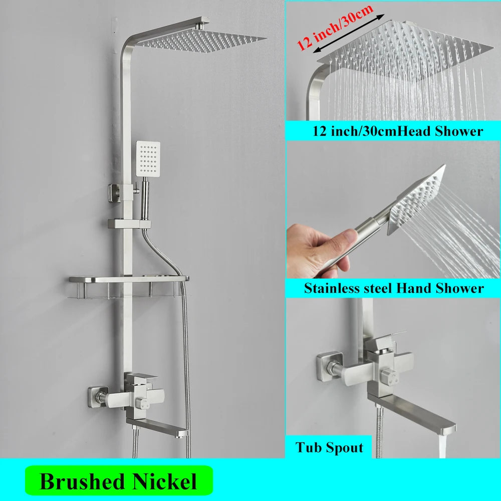 White Bathroom Shower Faucet Set Long Spout Rotation 3 Function Rainfall Headshower With Shelf Hot Cold Shower Mixer Tap System