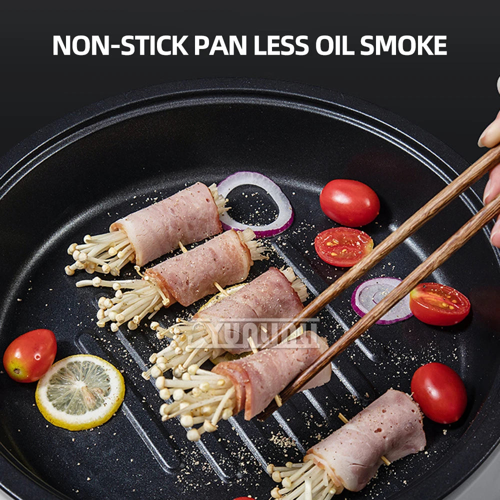 Nonstick cooking pan with rolled food and vegetables on a dark pan surface