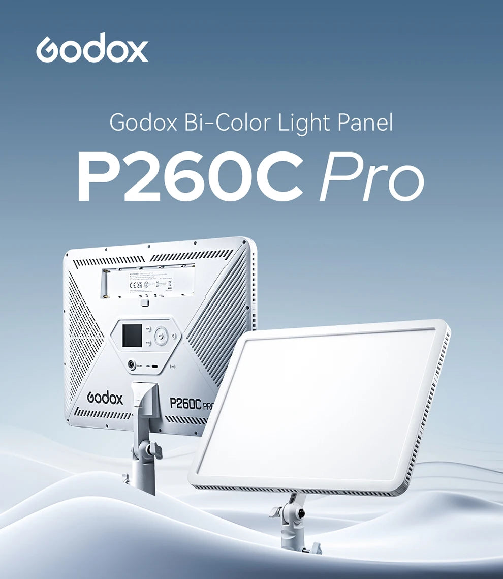 P260C Pro white rectangular LED light panel on adjustable stands, showing front diffusion and rear control interface.