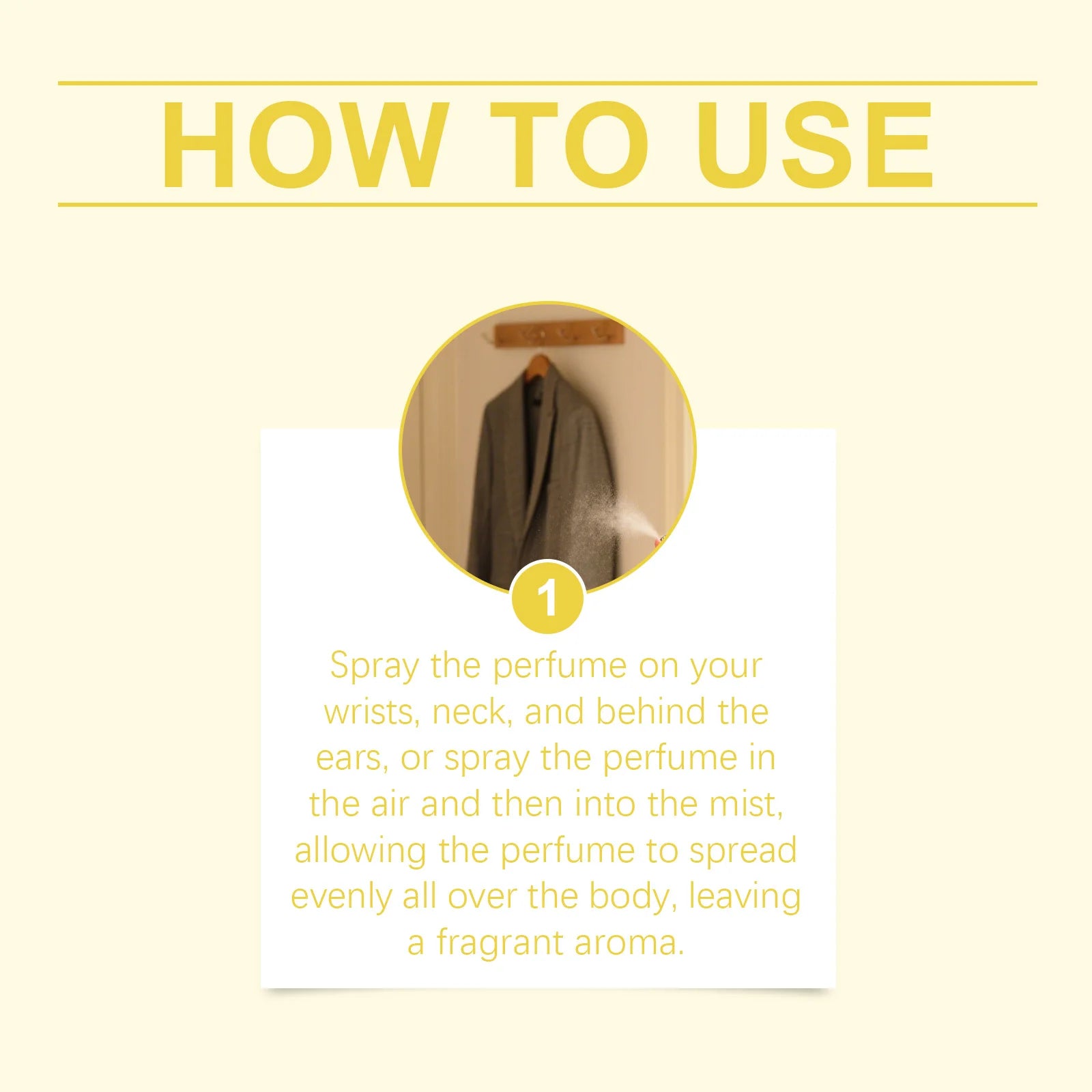 Roxelis Amber Vanilla 50ml perfume spray for women: instructional diagram showing how to apply long-lasting fragrance.