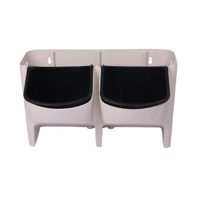 White two-pot hanging wall planter with black inserts and central divider