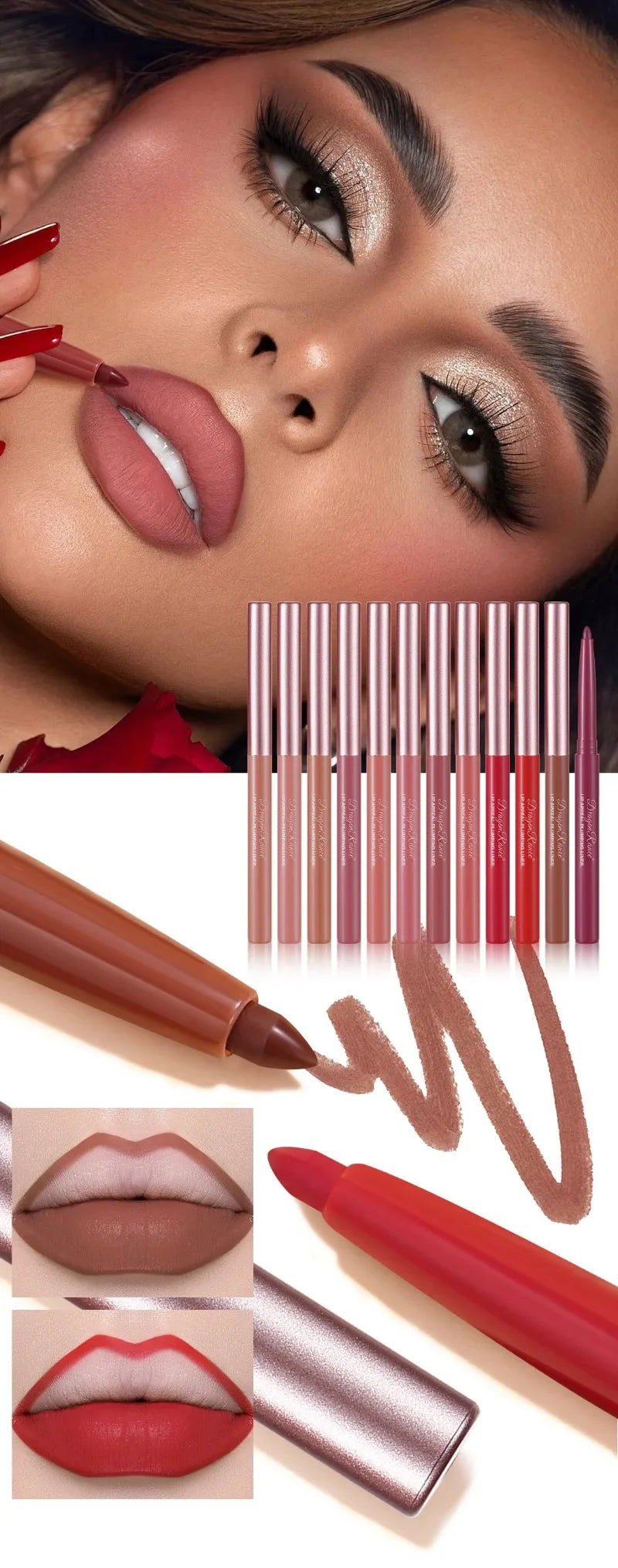 Long-lasting matte lip liner pens in various shades, offering a smooth, waterproof velvet finish for defined lips.