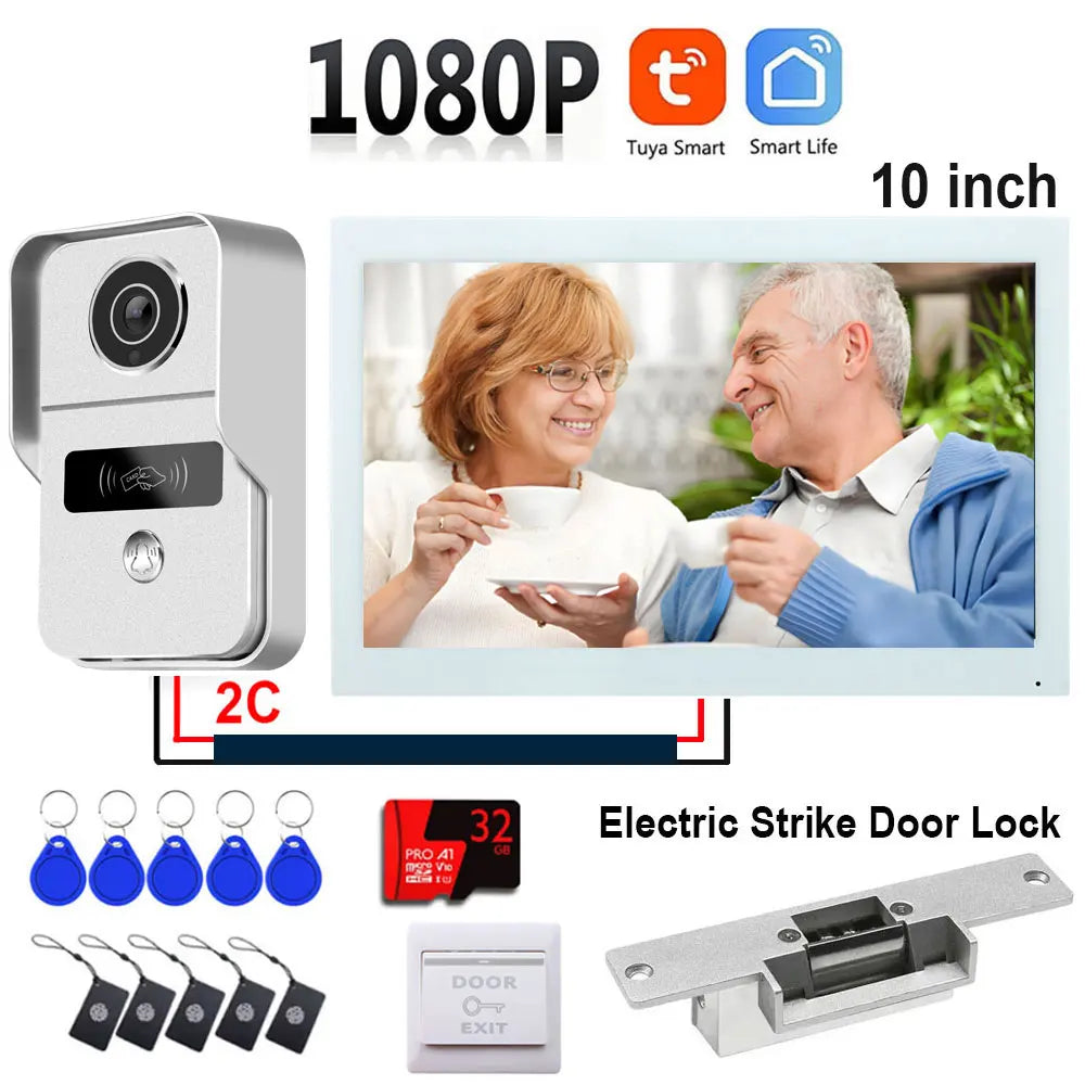 1080P 7/10 Inch Touch Screen 2 Wire Video Doorbell Tuya Home Video Intercom System IC Card APP Unlcok with Electric Strike Lock