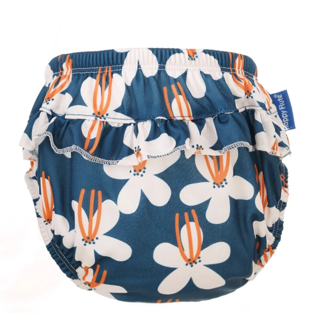 Happy Flute baby cloth diaper cover in blue with white and orange floral print and ruffled skirt detail.