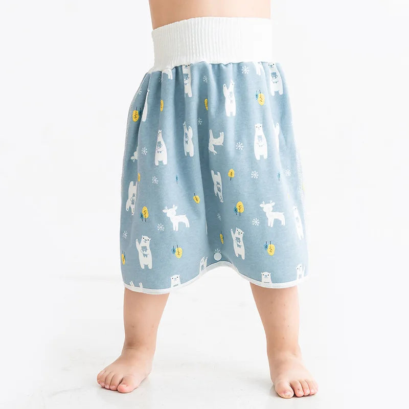 Blue baby diaper skirt with polar bear print and high-waist band for overnight baby care.