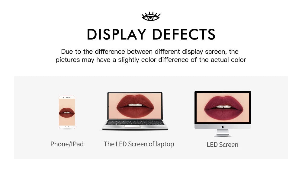 QIBEST velvet matte red liquid lipstick swatch shown on various electronic device screens to demonstrate color variation.