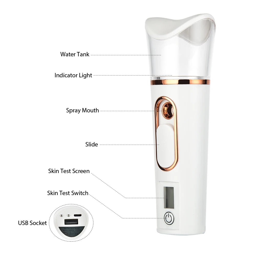 White portable nano facial mister and humidifier with skin hydration test screen, spray mouth, and USB charging port.