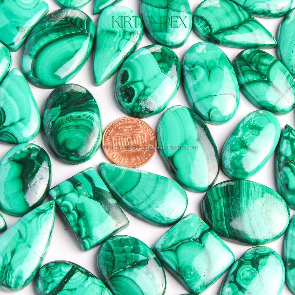 Mixed green malachite cabochons in oval and teardrop shapes, loose DIY jewelry parts