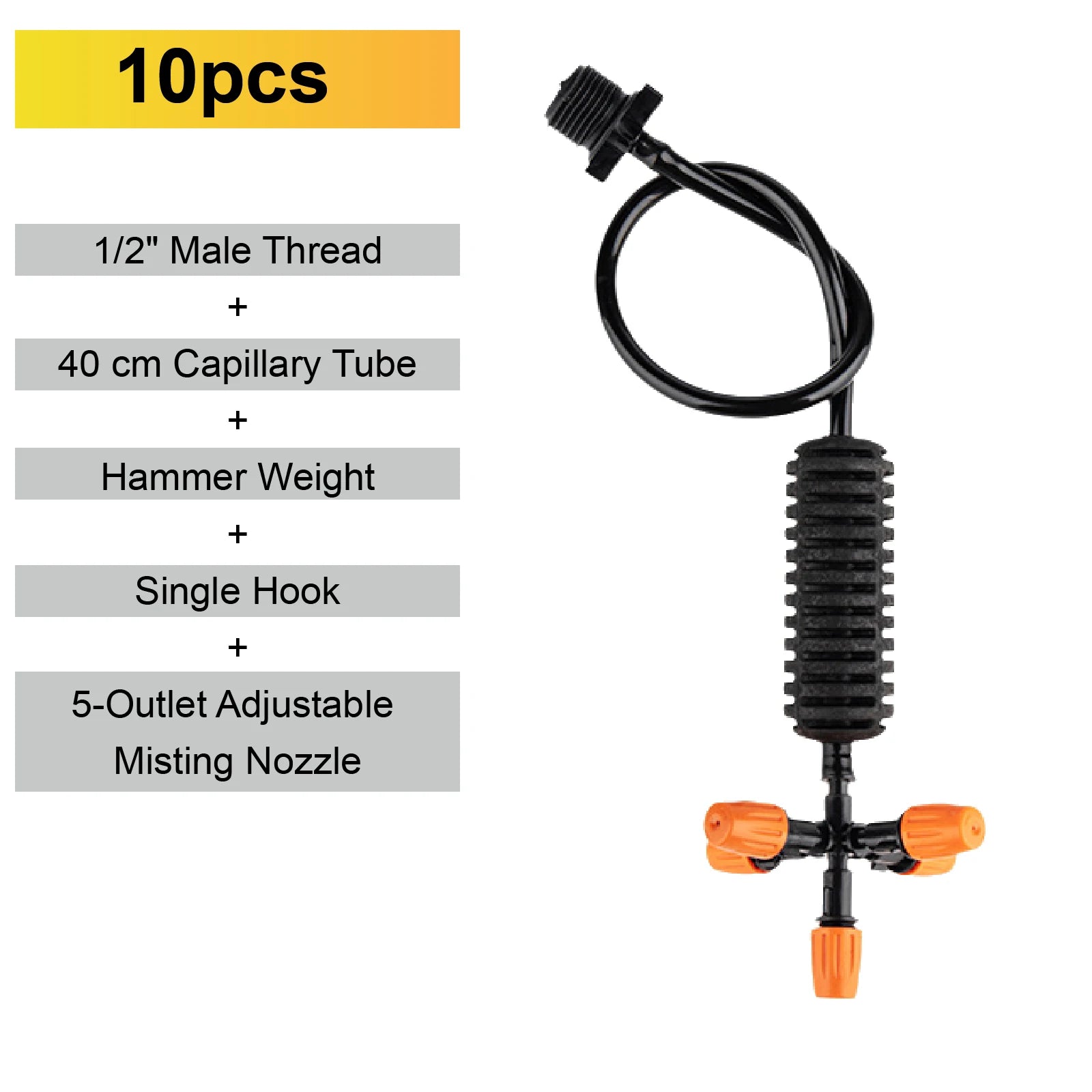 10-pack 5-outlet adjustable misting micro sprinkler nozzle with single hook and capillary tube