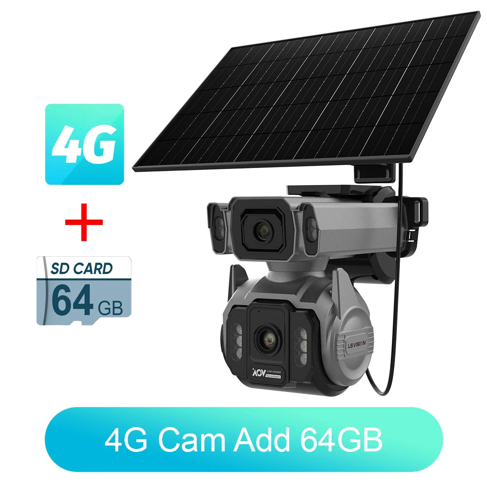 4G outdoor solar PTZ surveillance camera bundle with 64GB SD card option