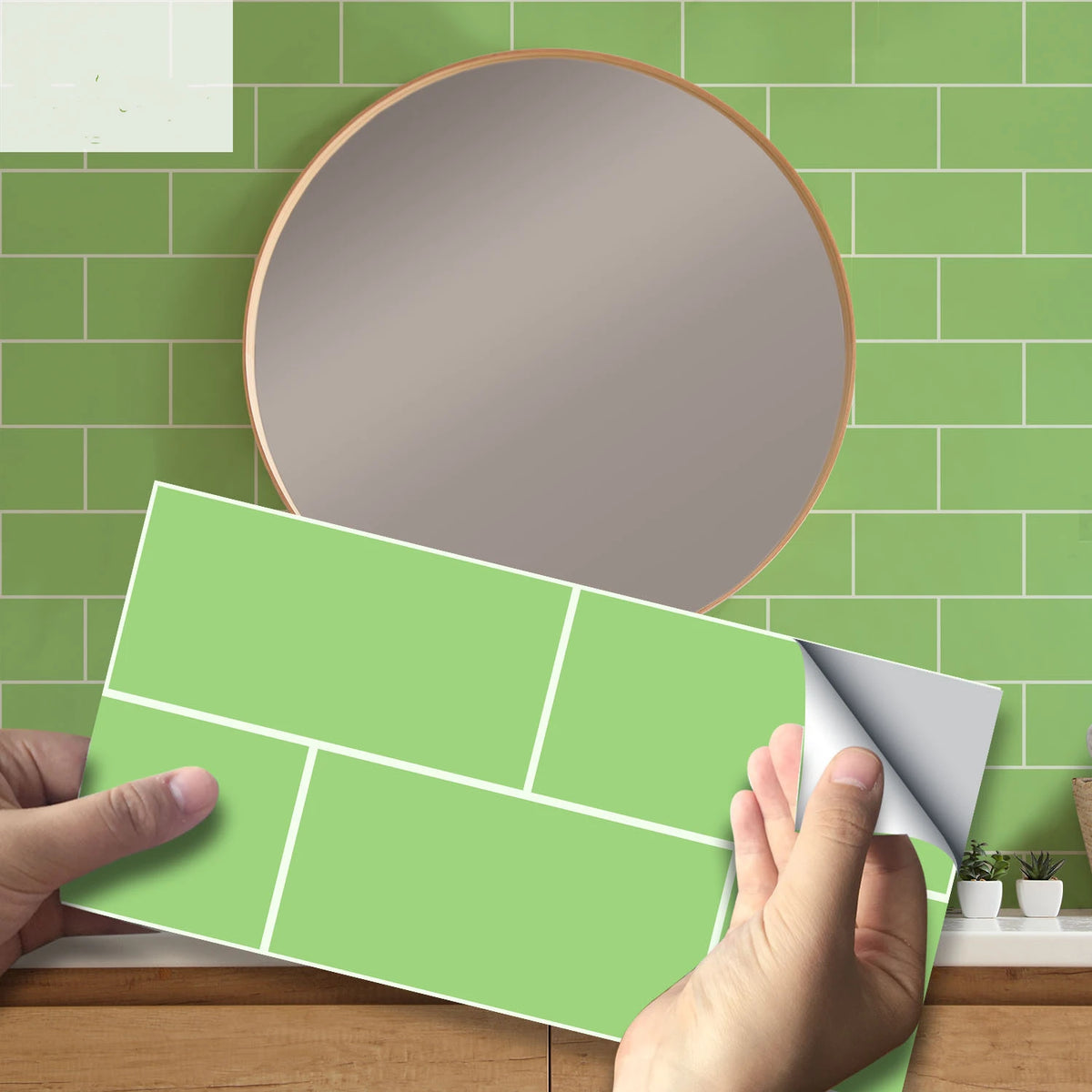 Peel-and-stick brick tile sticker sheet, green brick pattern.