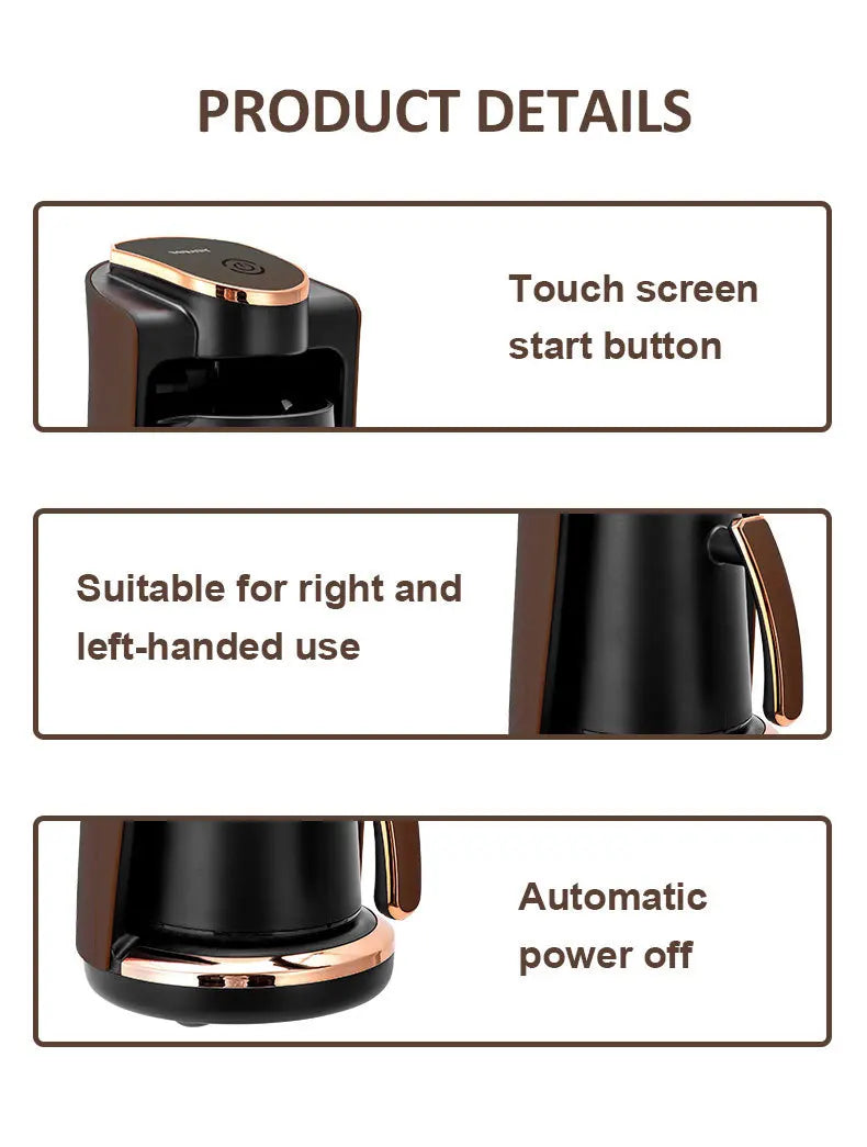 Black and rose gold Turkish coffee maker featuring touch screen, auto shut-off, and ambidextrous handle design.