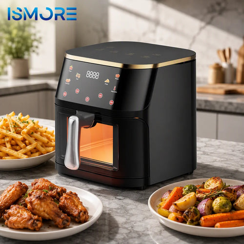 Black electric air fryer with side handle and front viewing window, touch panel lights on