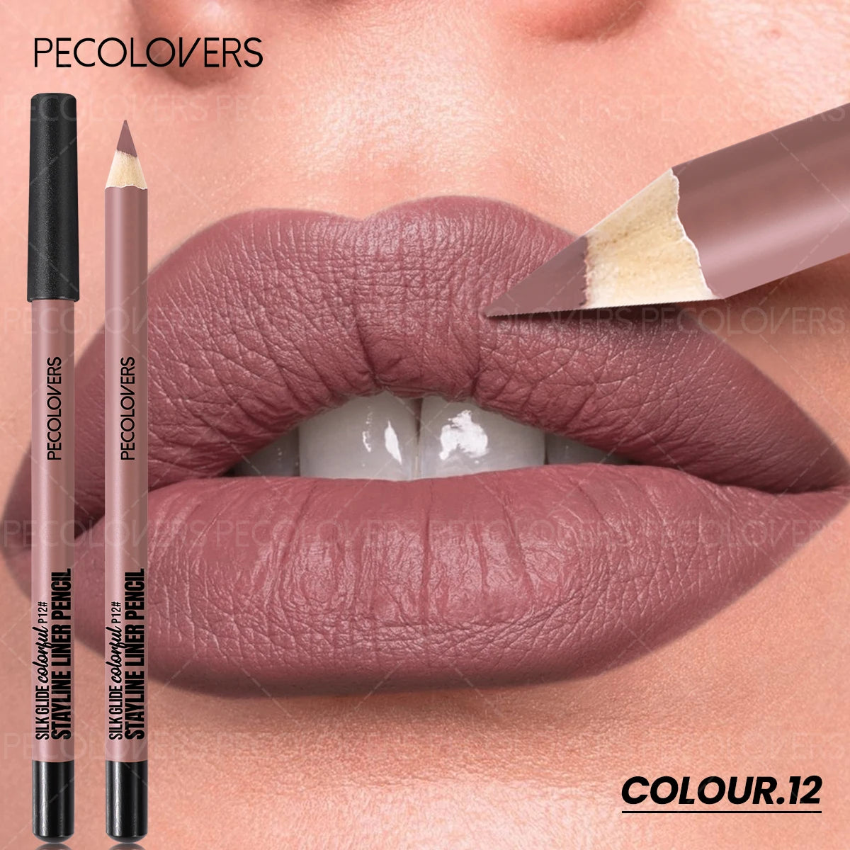 Long-lasting waterproof matte lip liner pencil in mauve-brown, showcasing a smooth, creamy texture on model's lips.