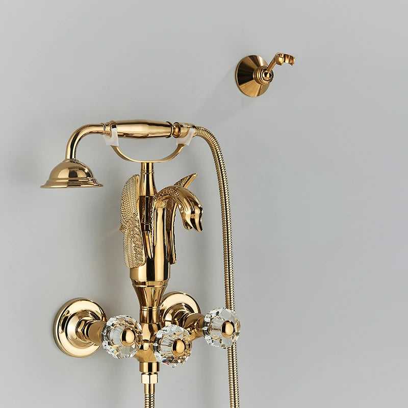 Golden Swan Bathtub Shower Faucet Wall Mounted Hot Cold Water Bath Tub Faucet Rotate Spout Dual Handles