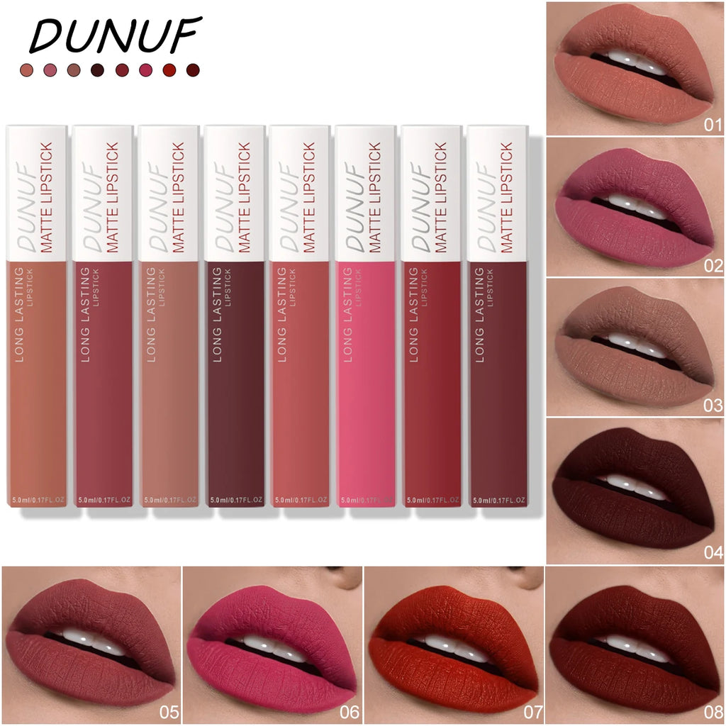 8-piece matte liquid lipstick set featuring waterproof, long-lasting nude, mauve, and deep red shades for lip makeup.