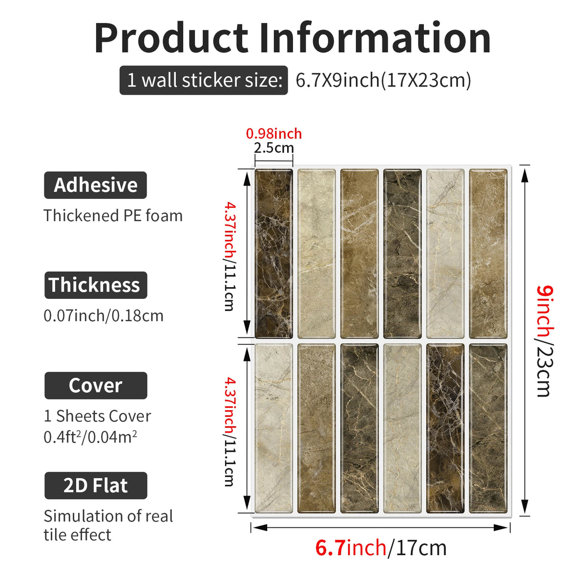 Beige marble subway wall tile sticker sheet, size 6.7x9 in (17x23 cm), 2D flat.