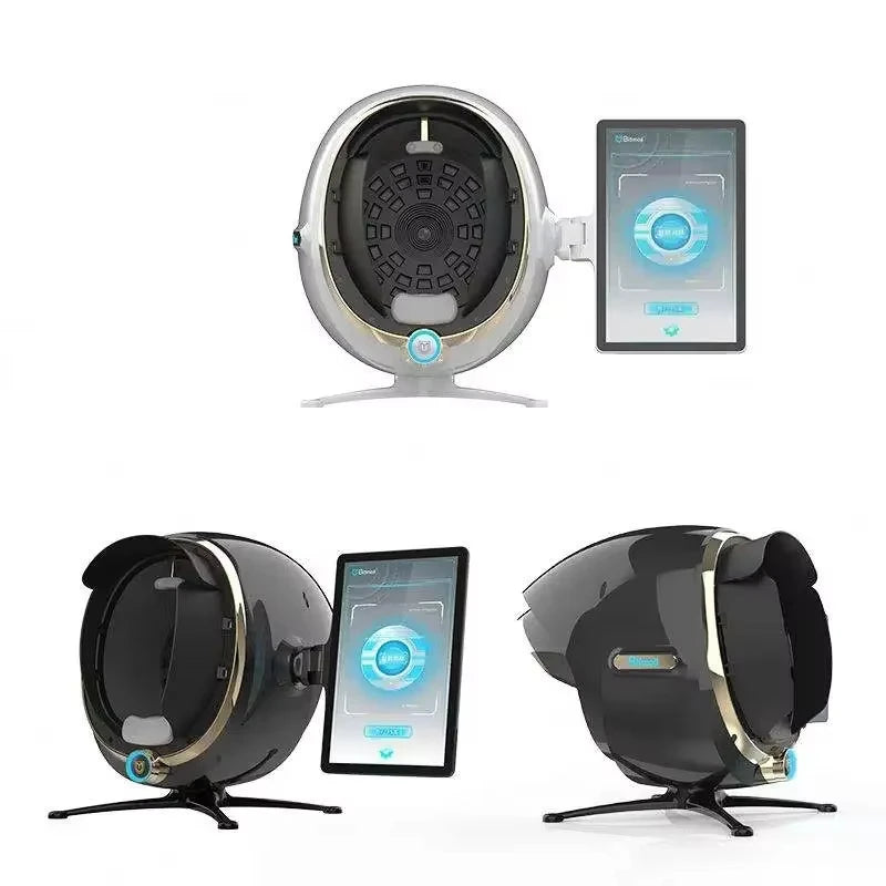Facial skin analyzer machine with a dome-shaped head, adjustable stand, and attached digital tablet for scanning.